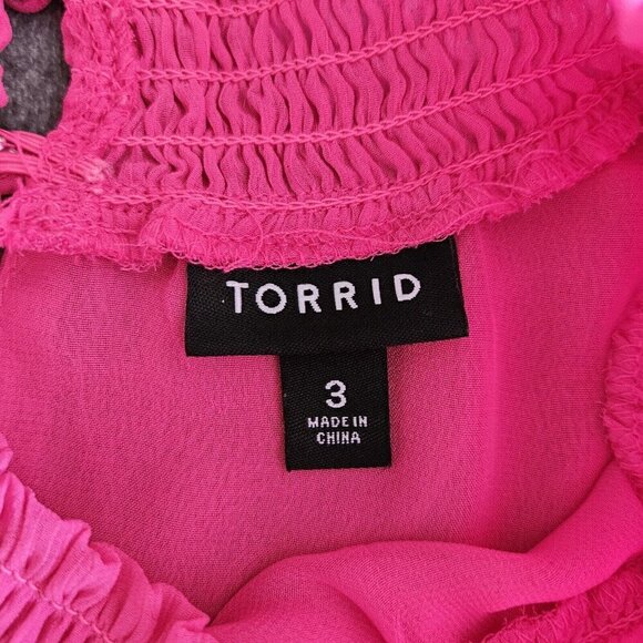 Torrid Top 3X Pink Babydoll Semi Sheer High Smocked NeckCuffs Long Sleeve Ruffle - Picture 3 of 16
